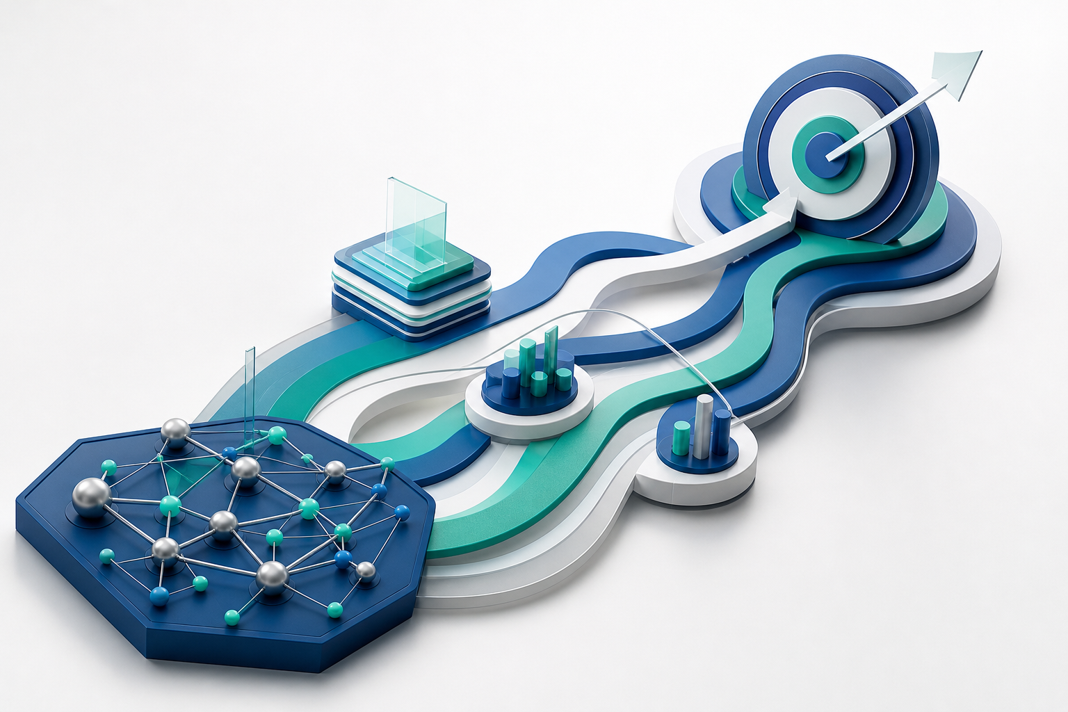 Illustrazione astratta di nodi e percorsi interconnessi per una strategia SEO misurabile